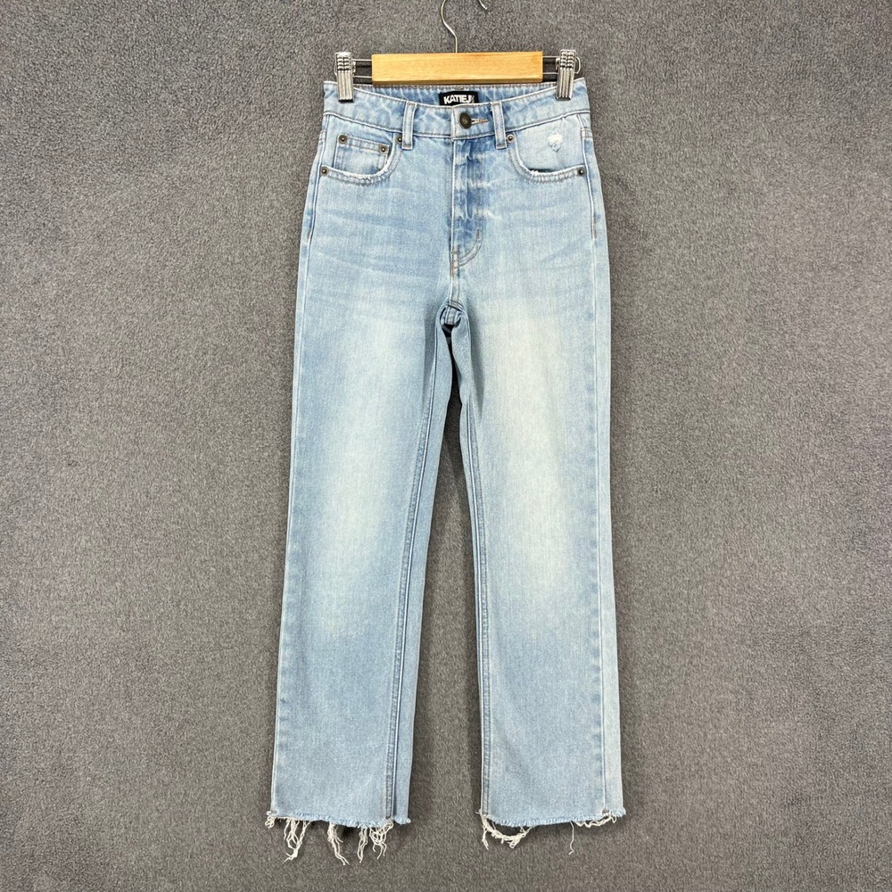 KatieJ NYC Sohot Jeans Girls Size 7/8 Light Blue High Rise Raw Hem Straight Leg